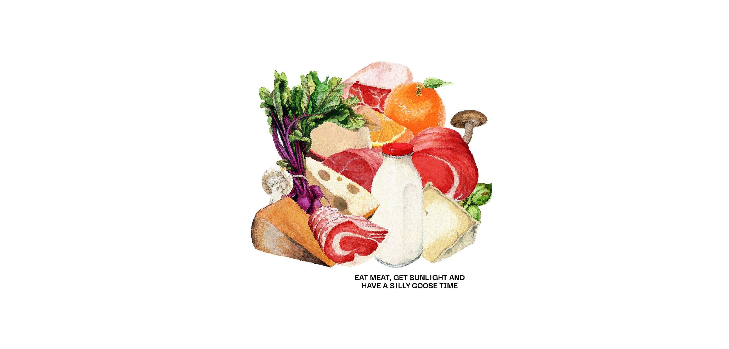 Painted still life of steak, cured meat, a milk bottle, cheeses, an orange, mushrooms and beets above the creed set in caps