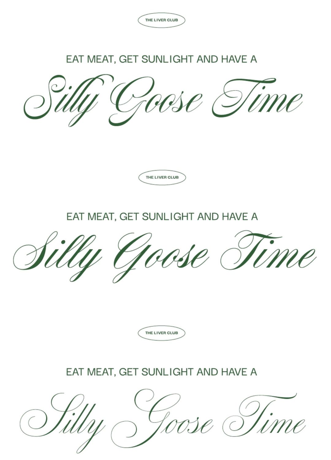 Direction two: Silly Goose Time in green copperplate script, three refinements