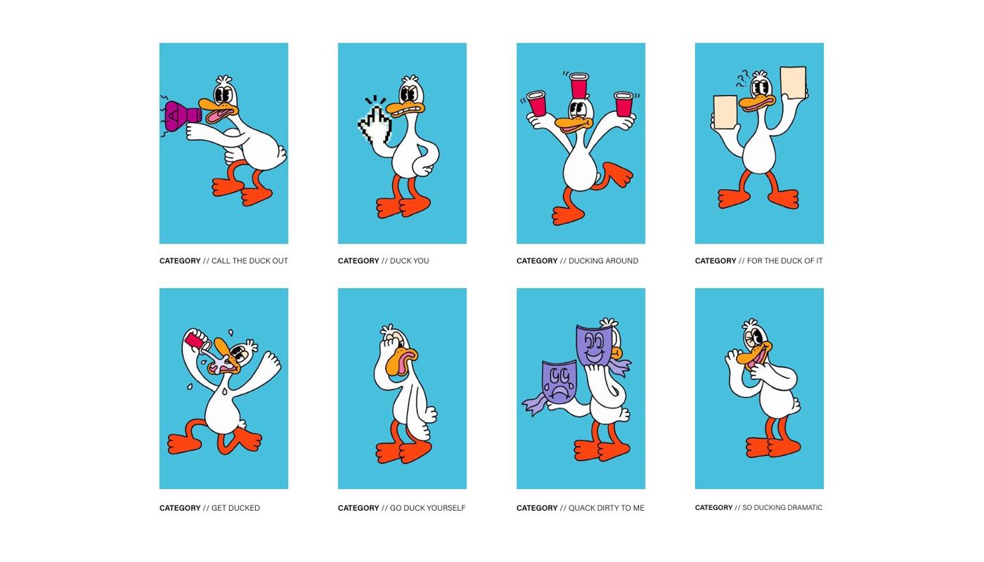 Grid of eight duck character poses, one per card category