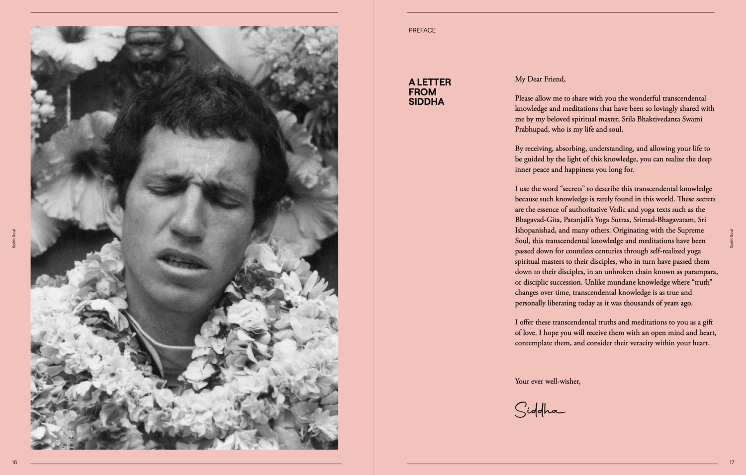 A Letter from Siddha, pink preface spread with a full page black and white portrait