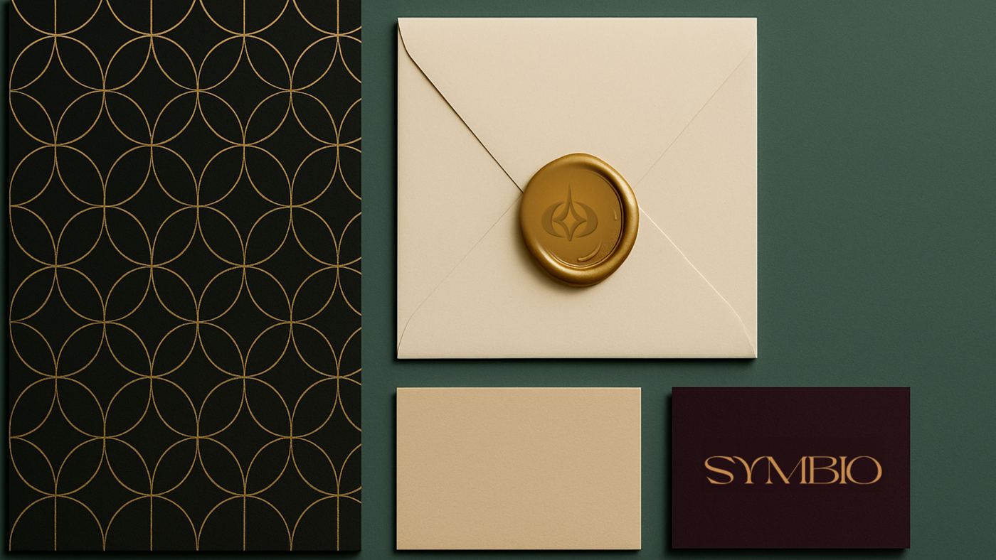 Stationery with a gold wax seal and the pattern in gold on dark green
