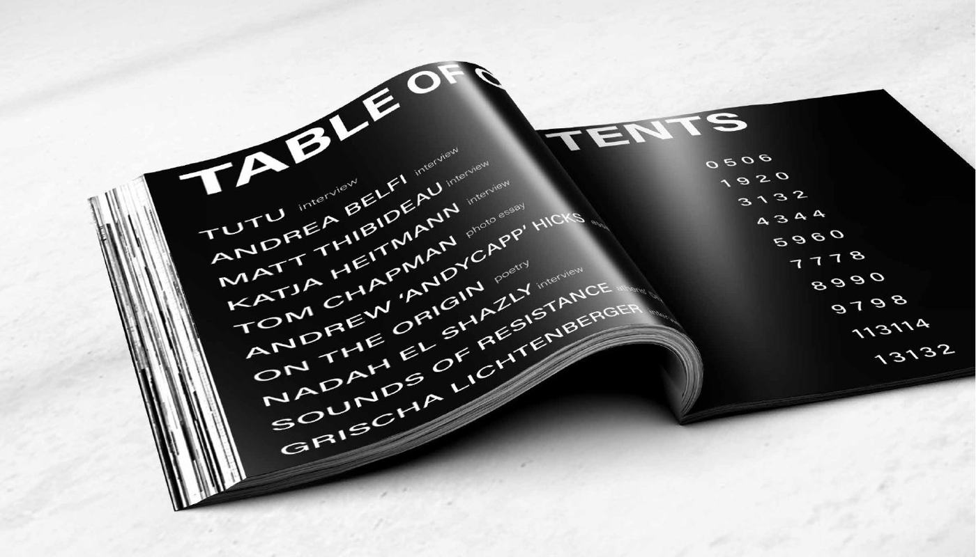 Table of contents spread set in heavy display type